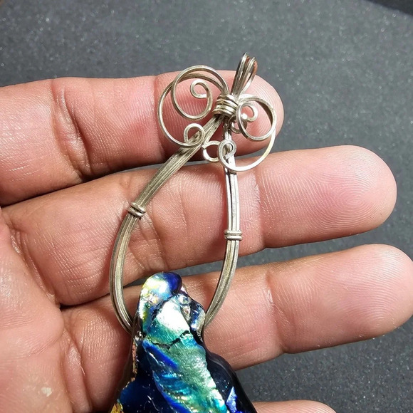 Sterling Silver Wire Wrapped Dichroic Glass Rainbow Green Blue Pendant - Picture 9 of 10